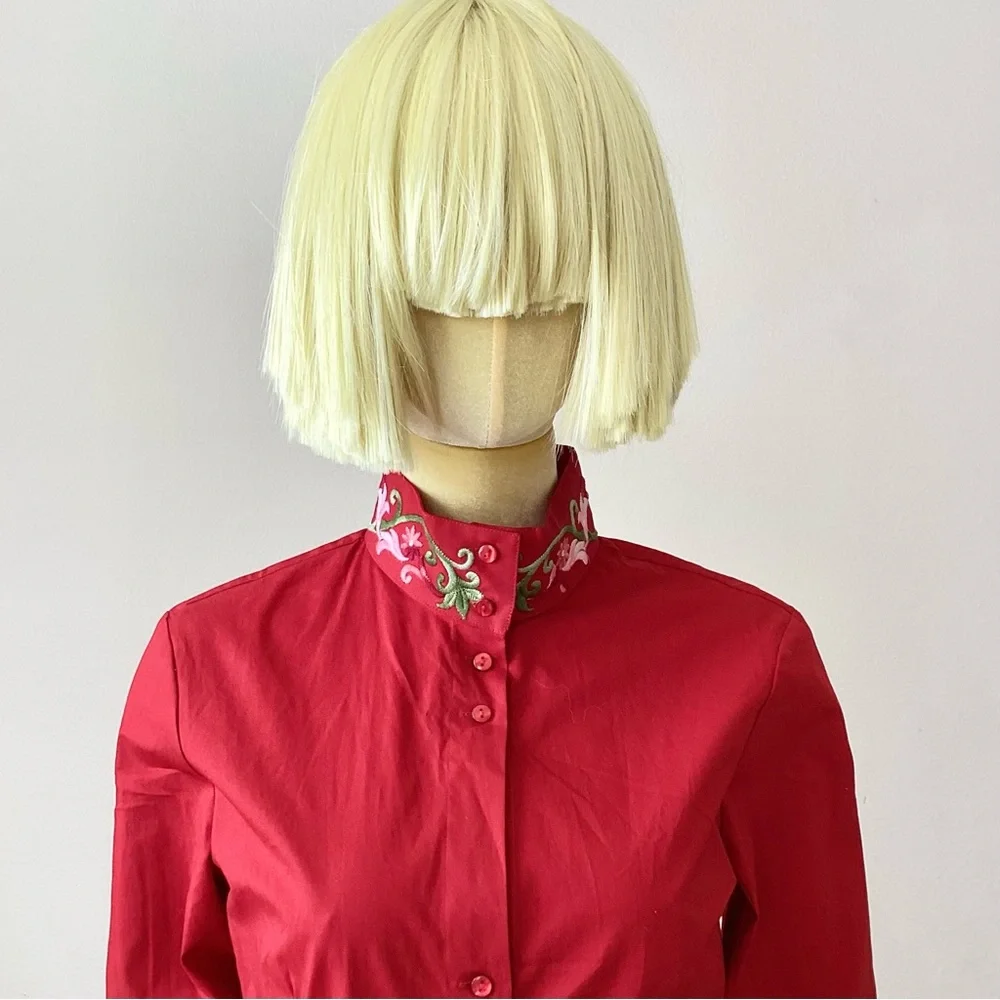 Nara Camicie Red Floral Embroidery Button Down Long Sleeves Shirt SZ 4 - Picture 6 of 11